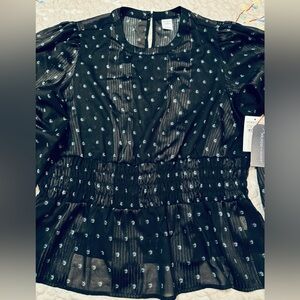 Melrose & Market Smocked Popover Black Sheer Blouse with Silver Mini Flowers